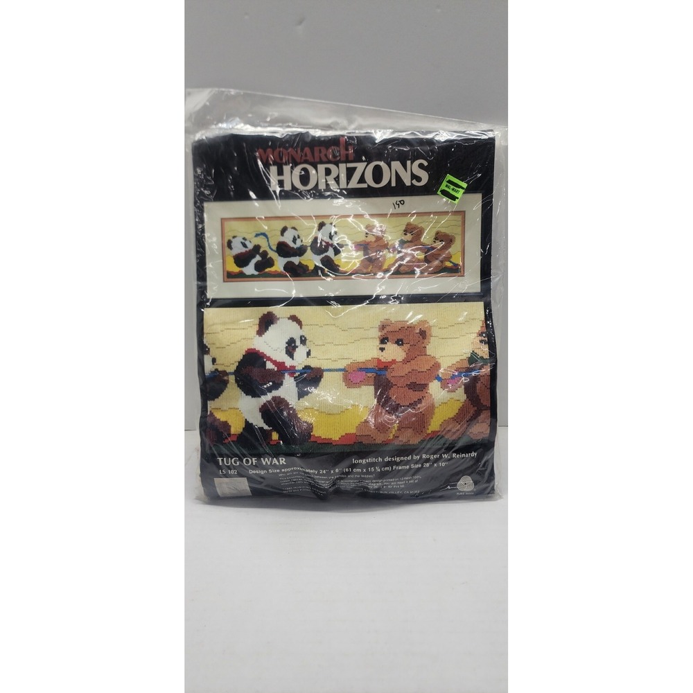 1985 Vintage Monarch Horizons TUG OF WAR Wool Needlework Kit Panda Teddy Bears
